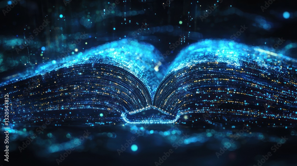 Poster a glowing open book crafted from digital data particles