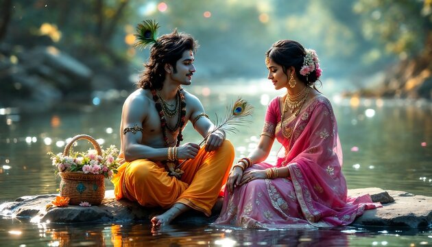 Krishna and Radha Sitting by Water Holding Peacock Feather in Love