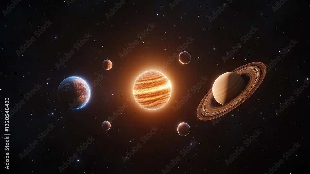 Poster exploring planetary alignment in the solar system cosmic space digital art celestial environment wid