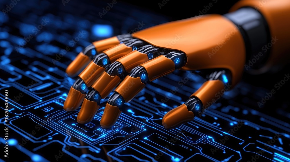 Poster robotic hand interaction digital laboratory technology image futuristic environment close-up view ar