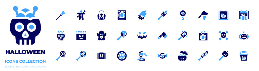 Halloween icon collection. Bold style. Duotone colors. magic broom, ghost, halloween candy, pumpkin, lollipop, halloween, voodoo doll, wolf, axe, horror