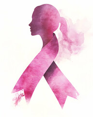 Watercolor painting of a pink ribbon for cancer awareness with a woman's silhouette.