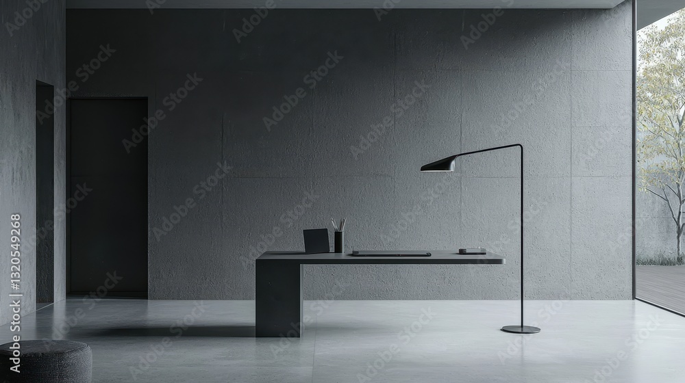 Poster a bright and airy minimalist workspace featuring a desk and window to enhance productivity and creat