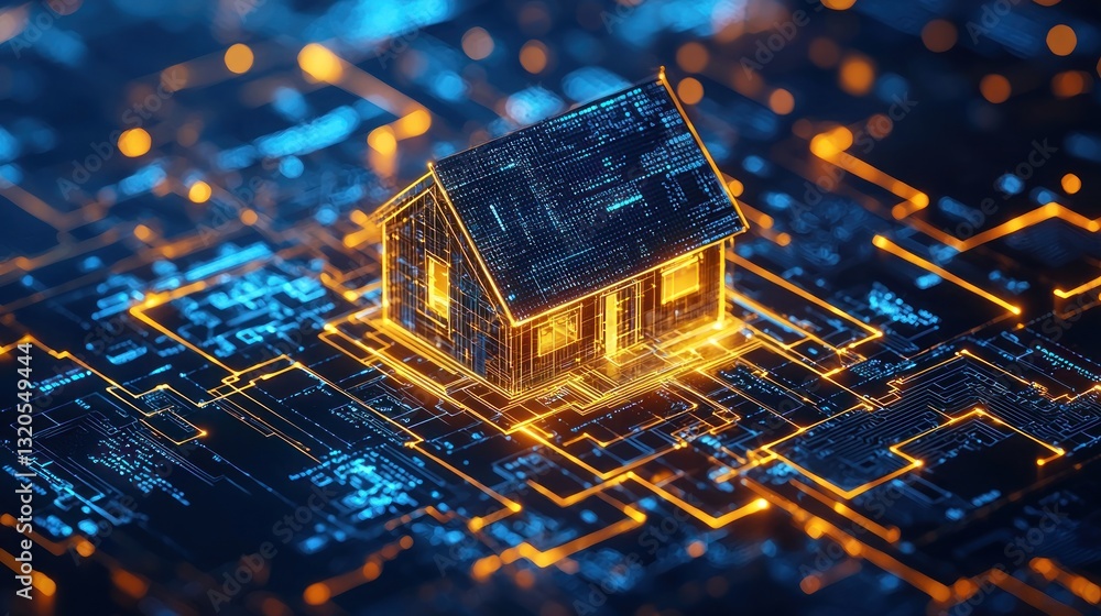 Aufkleber a digital rendering of a house on a circuit board layout