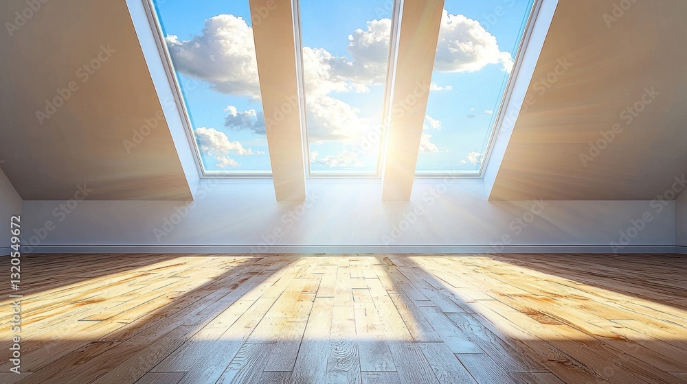 Poster light streams through skylights into an empty attic room space