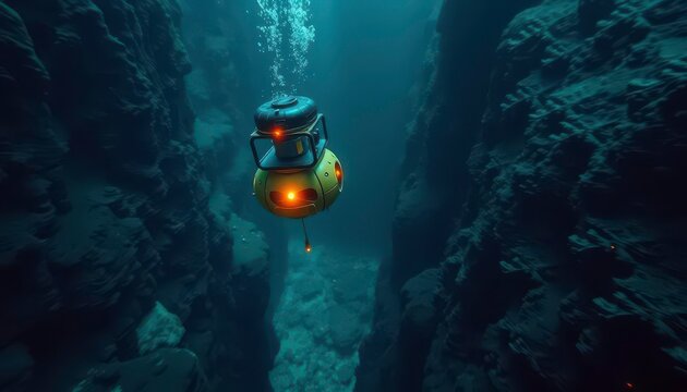 Submersible robot exploring deep ocean trench, ROV, coral