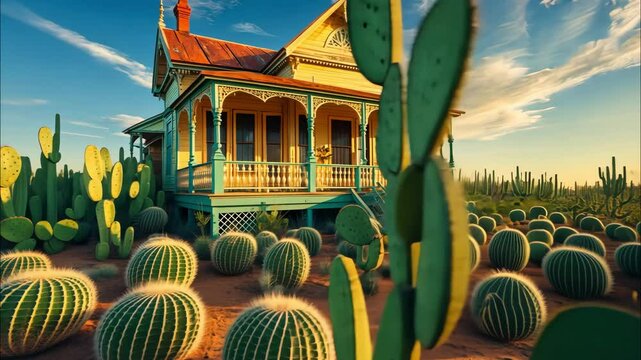 Charming Queenslander Home Surrounded by Lush Cacti in the Golden Hour