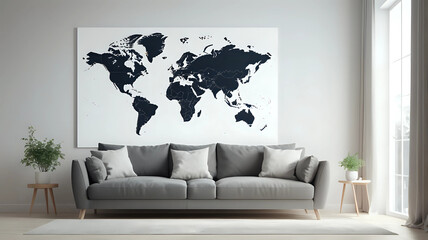 living room with sofa and world map near window