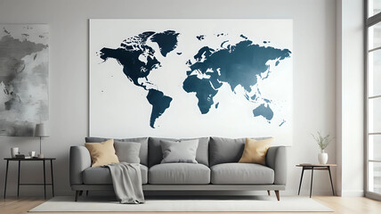 living room with sofa and world map near window
