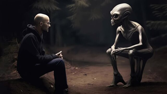 Shadowy woodland scene capturing humanoid alien silhouette emerging between trees, communicating enigmatic signals during scientific extraterrestrial research encounter