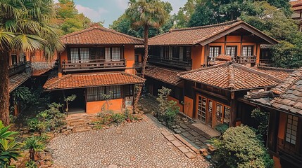 Obraz premium Traditional Japanese courtyard homes with terracotta roofs and wooden details