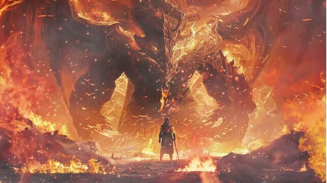 Warrior facing giant fire dragon in fiery battlefield. Seamless looping video