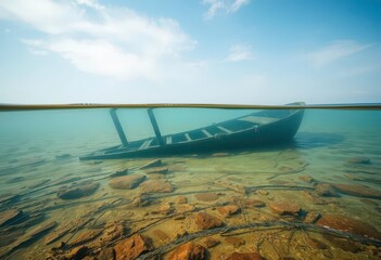 Obraz premium Sunken vessel, half-hidden by murky water, evokes mystery and decay, river, rusted