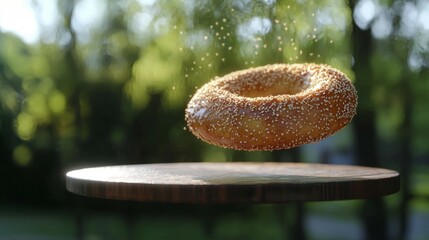 Light and airy Turkish simit bread ring with sesame seeds, floating. --chaos 20 --ar 16:9 --quality 2 --v 6.1 Job ID: 5edf9fe1-e93c-4a52-8cf6-5818219ecb19