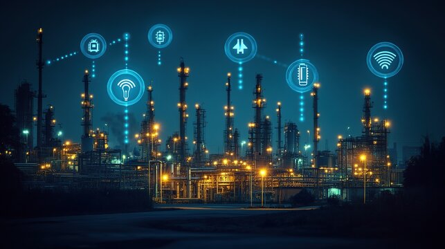 Industrial complex at night with connected technology
