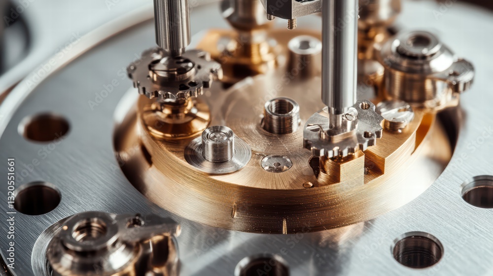Poster precision engineering: a detailed close-up showcases intricate clockwork mechanisms. polished metal 