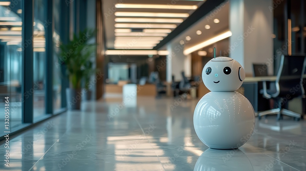Poster sleek white robot on the floor in a modern environment representing a smart digital assistant offeri