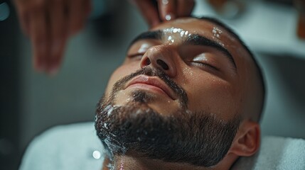A man receives a professional beard grooming session at a modern barbershop, with a skilled barber carefully tending to his facial hair while he relaxes. The atmosphere is upscale and serene