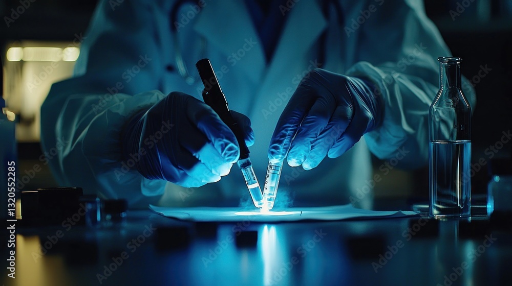 Poster scientist working with vials and a light source on a table