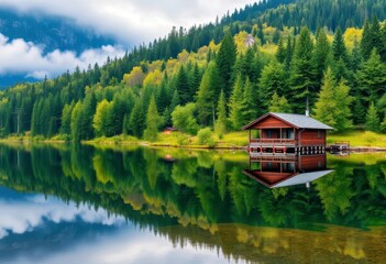 Obraz premium Tranquil lakeside cabin, soft blues and greens mirrored in still water, tranquil, evening