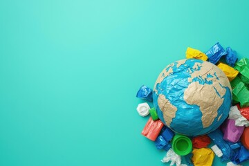 earth day awareness recycling education, Globe surrounded by colorful plastic waste illustrating environmental issues.