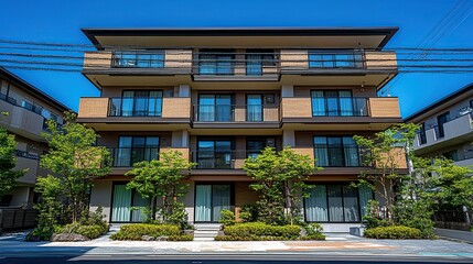 Obraz premium Modern apartment building with balconies and landscaping