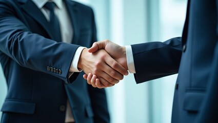 The Deal is Sealed: Two business professionals in sharp suits seal an agreement with a firm handshake, capturing the essence of a successful collaboration, trust and partnership.