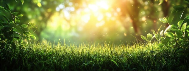 Naklejka premium Sunny spring meadow with bright green grass bathed in soft, natural sunlight