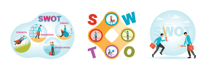 SWOT analysis with Four Characters. Businessmen with SWOT Concept. Entrepreneur Holding Sword.