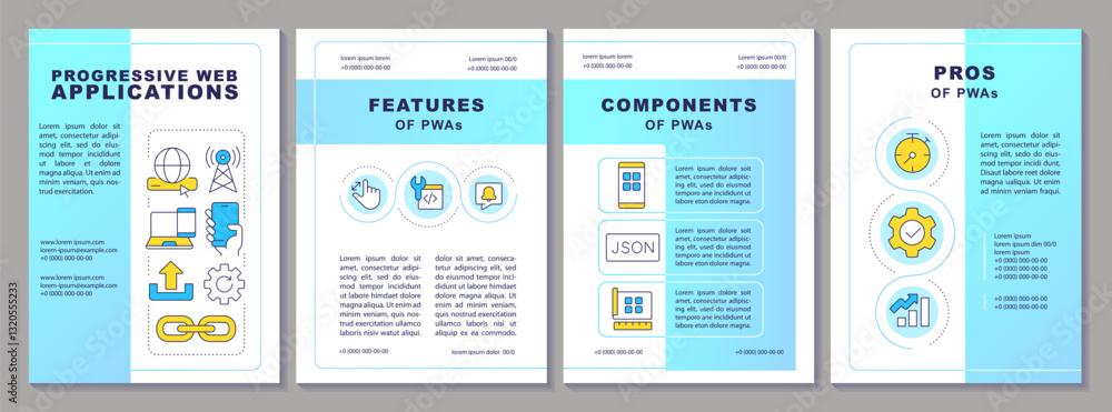 Poster progressive web applications blue brochure template. platform software development. technologies. le