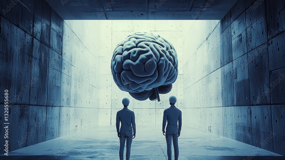 Poster surreal representation of two people standing in a tunnel illustrating the intersection of ai and hu