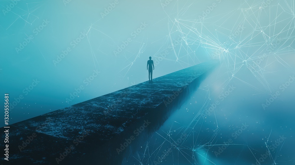 Poster surreal image of a person standing on a bridge symbolizing the connection between ai and human colla