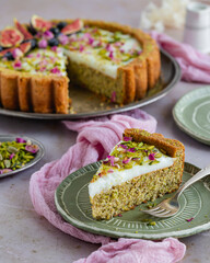 Pistachio Mahalabia Custard Cake View Close-Up Cut