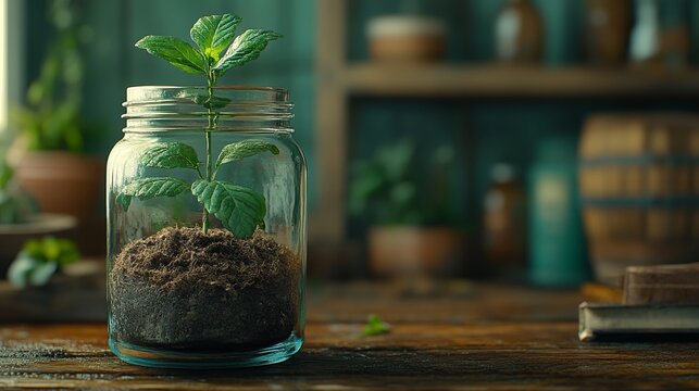 Small Tree Growing in Glass Jar Filled with Soil and Natural Light