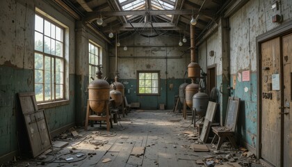 Abandoned Industrial Room with Vintage Equipment and Dusty Floors