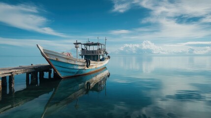 Obraz premium Old wooden fishing boat docked at pier 
