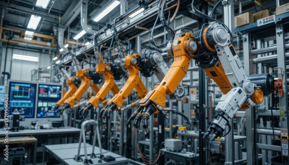 Poster advanced industrial robots in modern automated factory setting