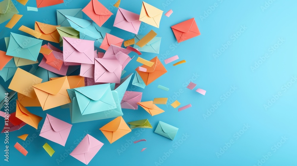 Poster a colorful array of paper airplanes creating a surreal visualization of an email inbox and creative 
