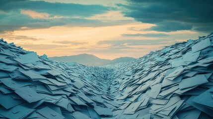 A surreal mountain of blue paper creating a visual metaphor for an overflowing email inbox and digital communication