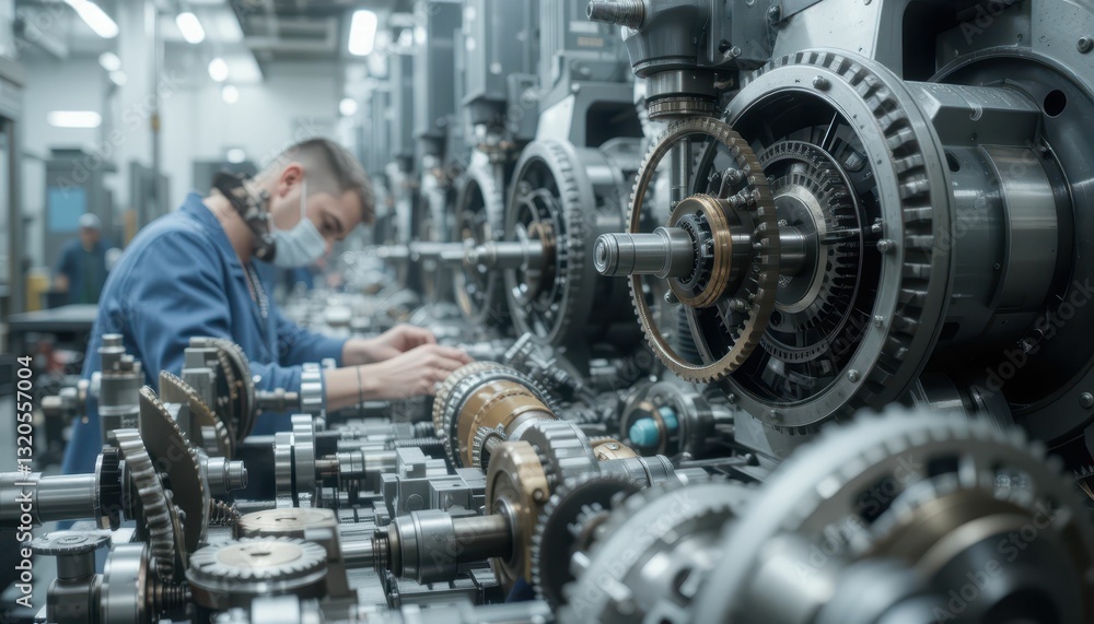 Aufkleber engineer working in machinery workshop with gear components and tools