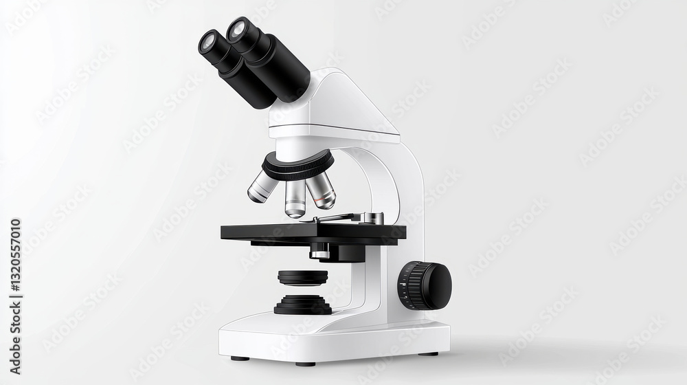 Poster a sleek microscope on a white background, emphasizing its design and functionality for scientific ex