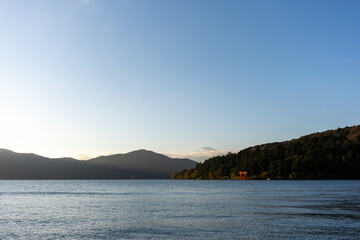 Mt. Fuji and red Torii gate on lake Ashi at Sunset, Hakone, Japan