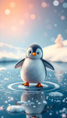 A Cute Penguin Standing On Snowy Icy Water Outdoors