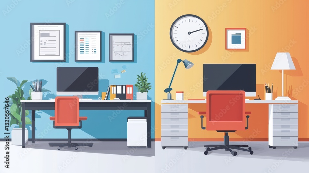 Poster a time-lapse image of an office workflow showcasing a desk with a clock and a comfortable chair for 