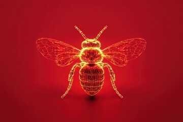 A glowing digital illustration of a bee against a red background