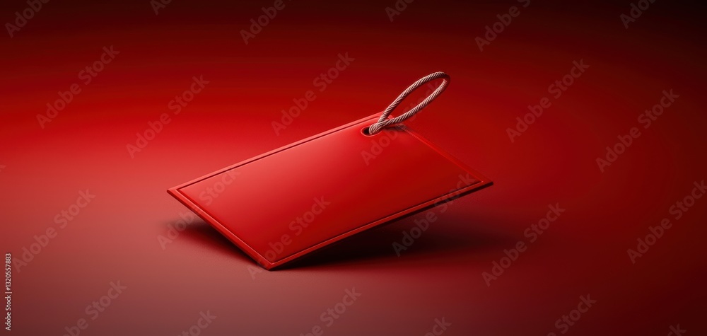 Poster a minimalistic red tag with a loop, set against a deep red background, showcasing simplicity and ele