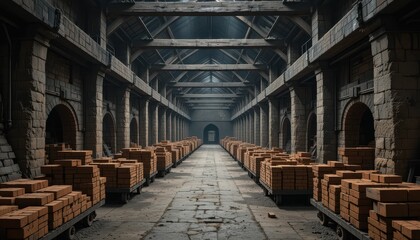 Fototapeta premium Industrial Warehouse Interior with Wooden Beams and Brick Pallets