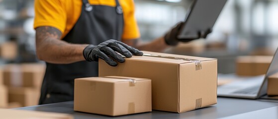 A worker in gloves handles cardboard boxes while checking information on a tablet in a warehouse setting.
