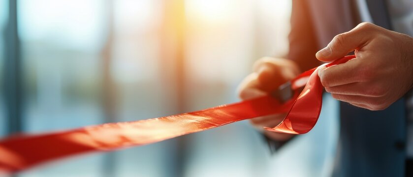 A person is cutting a red ribbon, symbolizing the opening of an event or establishment, with a soft background and warm lighting.