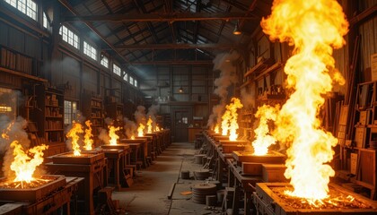 Fototapeta premium Intense Flames Erupting from Industrial Furnaces in Workshop Environment